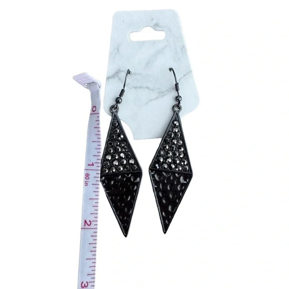 2” Drop Dangle Triangle Diamond Shaped Rhinestone Dark Silver Earrings - Picture 5 of 5